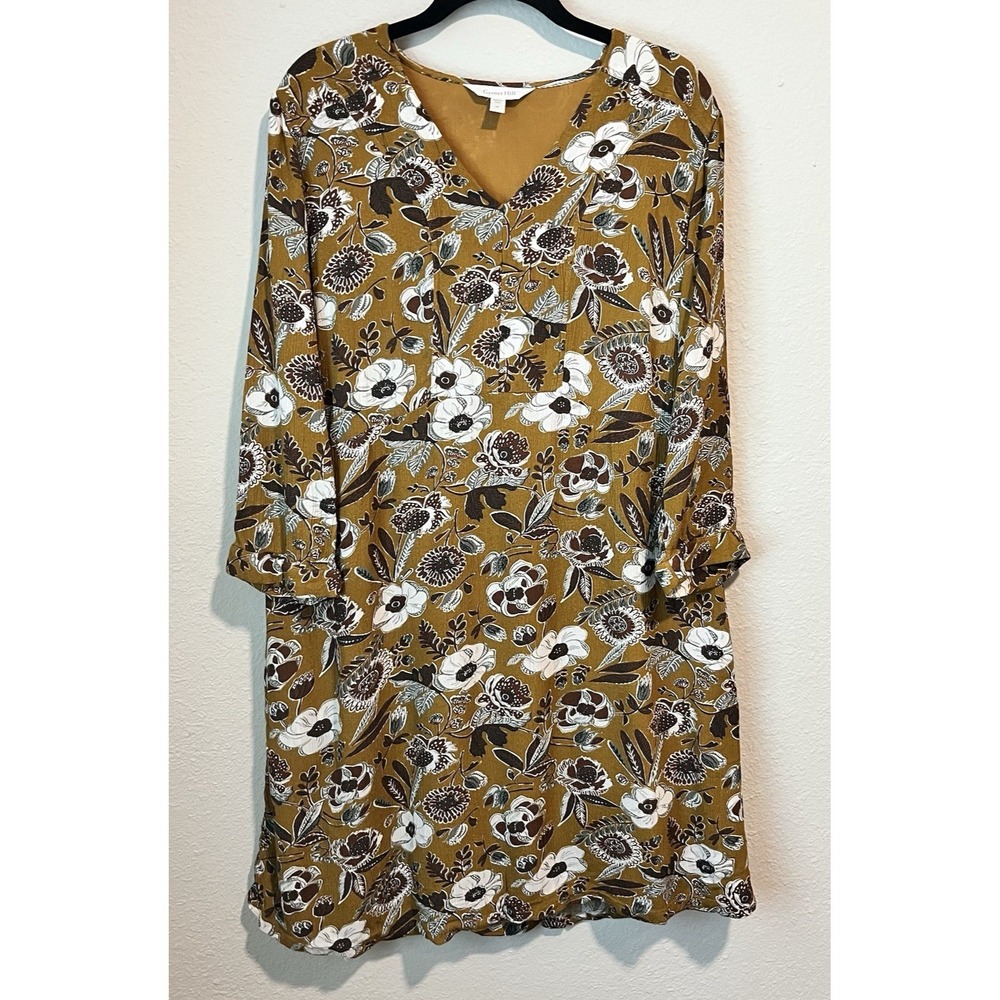 Garnet Hill Shift Dress Womens Medium Mustard Yellow/Brown 3/4 Sleeve V Neck